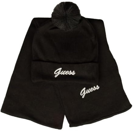 GUESS Damenschal und Mütze mit Rückseite und Bommel, komplett mit gesticktem Logo, Artikel J3RZA2Z3D70, JBLK Black/Nero, S