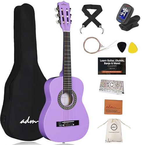 Kit Chitarra Classica per Bambini 1/4 ADM, Set Chitarra Junior da 76 cm per Principianti con Custodia, Accordatore a Clip, Tracolla, Plettri, Corde Extra, Borsa per il Trasporto e Panno per la Pulizia