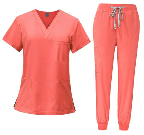 LOVIVER Frauen Uniform Scrubs Set Krankenschwester Top Hosen Female Scrub Set Kleidung Arbeitskleidung, Orange Rot, 2XL