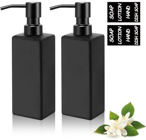 2 Stück Seifenspender schwarz Matt Set, 350ml aus Glas Dish Soap Dispenser mit Glatt Pumpe und Etikett für Küche, Spülmittelspender, Handcreme Spender (Schwarz, Quadratisch)