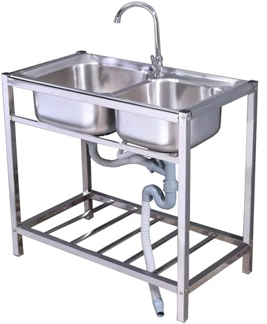Évier de restaurant commercial, évier de cuisine commercial à double cuve en acier inoxydable sur pied avec robinet chaud et froid, lavabo utilitaire (argent, taille: 80x43x75 cm)