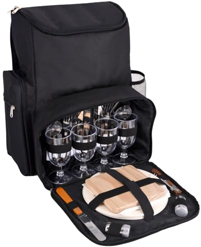 Les Jardins de la Comtesse - Picknick-Rucksack für 4 Personen – Schwarz – komplett mit Kühlfach – robuste und leichte Teller – viele Taschen – 29 x 15 x 44 cm