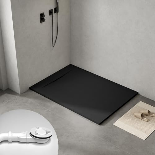 WITEN&NOCK SMC Duschwanne 140x100cm schwarz Brausewanne Duschtasse extra flache Steinoptik Antirutsch inkl. Abdeckung und Ablaufgarnitur Ø90mm Siphon