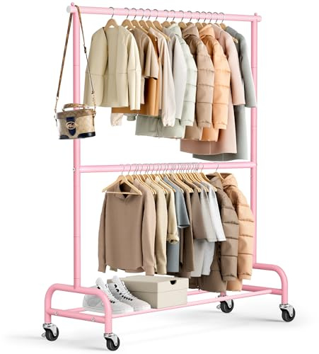 MISSLO Barnklädställ kraftig utklädningsförvaring för små flickor babykläder ställ för hängande kläder rullande byrå med hjul, rosa