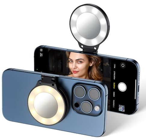JJC Anello magnetico per selfie con specchio per selfie, luce ricaricabile per telefono, 3 impostazioni di luminosità, orientabile a 180°, per iPhone 16, 15, 14, 13, selfie streaming, TikTok,