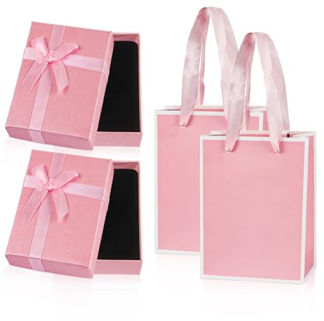 Nwvuop 2Pcs Jewellery Gift Box with Bag, 9×7×3 cm Small Gift Box with Lid - Earring, Ring, Necklace (Pink)