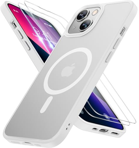 Miracase Magnetisch für iPhone 13 Hülle für Magsafe[mit 2 Schutzglas] Militärschutz Stoßfest Kratzfest Anti-Fingerabdruck Samtige Haptik Dünn Handyhülle für iPhone 13 6,1 Zoll, Matt-Weiß