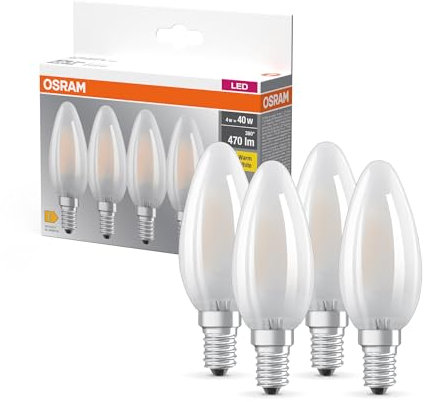 Osram LED BASE B40, Vorteilspack mit 4 Leuchtmittel, ersetzt herkömmliche 40W Glühbirnen, 4W, warmweiß (2700K), mattes Glas, nicht dimmbar, Kerzenform, E14, White