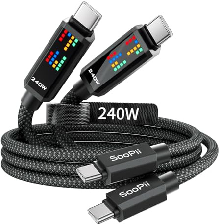SOOPII Cable de carga USB C PD 240W,1,2m,2unidades, Negro | carga ultrarrápida con pantalla LED de 3 efectos de persecución,Cable USB C a USB C para iPhone 16/15, MacBook, iPad