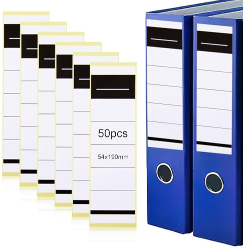 50 Pcs Raccoglitori Autoadesivi, 54 x 190 mm, Autoadesivi, Sottili, per Raccoglitori da 8 cm, Vuoto Etichette Adesive per Faldoni, Etichette per Raccoglitori per Stampanti Laser e Inkjet, Bianco