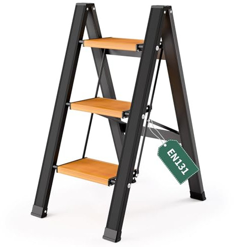 KULACO Scaletta Pieghevole 3 Gradini, Aluminium con Pedali Antiscivolo, Portatile fino a 150 kg, Design Elegante e Leggero per Casa, Cucina, Bagno, Campeggio