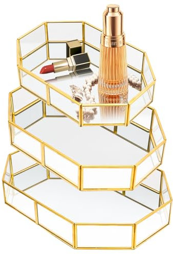 Mulaibdin 3 Pack Gold Mirror Tray, Perfume Tray for Dresser, Glass Trays Decorative, Bathroom Trays for Toiletries, Metal Makeup Jewelry Organizer Pallet for Vanity,Bedroom, Room Decor Aesthetic