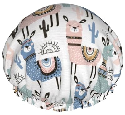 Llama Alpaca Cactus Print Shower Caps,Double Layers water-resistanted Hair Cap with Elastic and Reusable
