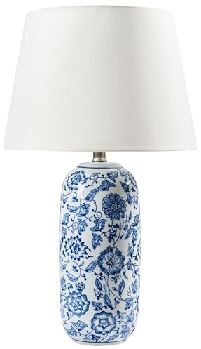 Beliani Stilvolle Tischlampe mit Porzellansockel und Blumenmuster Leichter Leinenschirm Wohnzimmer Schlafzimmerbeleuchtung Blau und Weiß Aibonito