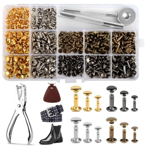 Leder Nieten Set, 180 Stück Metallniete Doppelkappe mit Nietenzange und Lochzange Hohlnieten 12mm 8mm 6mm Nieten für Leder Nieten und Kleidung, mit 3 Werkzeug für DIY Lederhandwerk Kleidung Dekoration