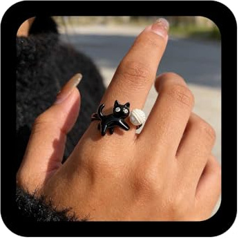 Xduargs Boho Gato Dedo Anillo Negro Gato Abierto Nudillo Vintage Lindo Animal Envoltura Abierta De Dibujos Animados Apilamiento De Joyería Para Las Mujeres