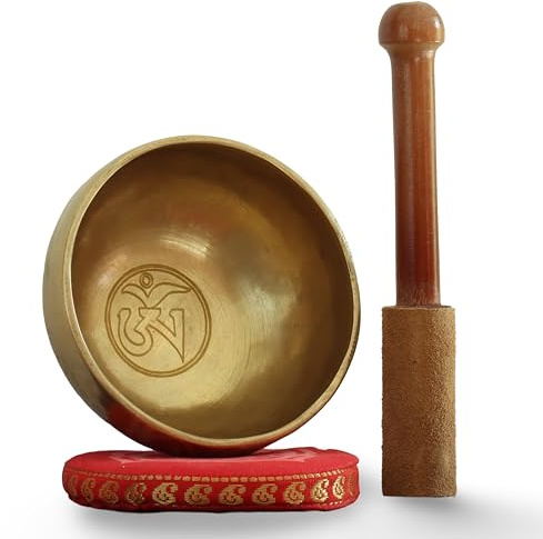 Bol Tibétain haute qualité martelé au Népal, ø 10 cm, Bol chantant artisanal 7 métaux, fabrication manuelle. Gravure Om, magnifique résonance, idéal relaxation, méditation. Avec coussin et maillet.