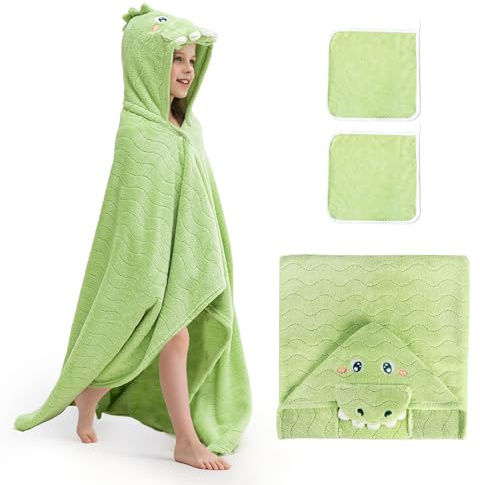 UNEEDE Poncho da Bagno per Bambini, Asciugamano da Bagno per Bambini, 80x120 cm Asciugamano da Assorbente Morbido, Poncho da con Cappuccio (dinosauro verde)