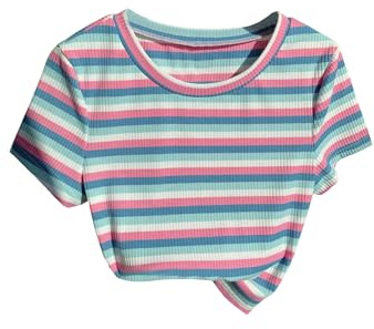 WDIRARA Women's Colorful Striped Short Sleeve Tee Shirt Y2k Crewneck Ribbed Knit Crop Tops Multicolor Medium