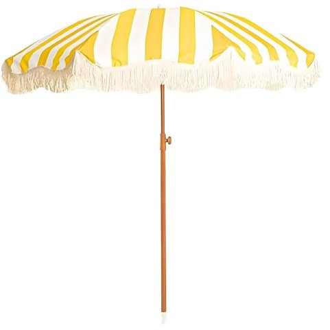 Ombrellone da Esterno con Frangia, Ombrellone da Spiaggia Portatile a Strisce Gialle per Balcone, Terrazza e Giardino