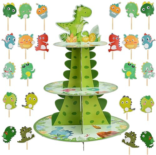 DecorDwell Soporte para Cupcakes de Dinosaurio, 3 Niveles Magdalenas Carton, Torre de Postre de Dinosaurio, con 24 Pedazo Adorno de Pastel, Reutilizable, Soporte de Cartón para Cupcakes