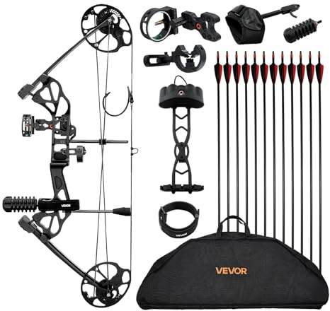 VEVOR Arco Composto da Tiro con L'Arco, Set Arco da Caccia Regolabile da 482,6 a 762 mm, Peso di Trazione da 8,62 a 31,75 kg Kit per Destrimani con Attrezzatura da Caccia, 320 FPS, Nero