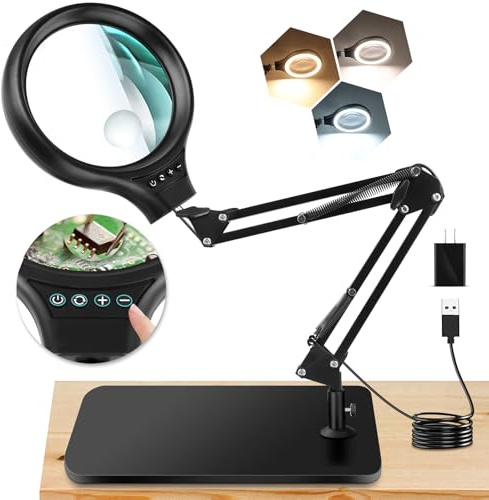 NZQXJXZ 10X 30X Large Magnifying Glass with Light and Stand, 5-inch LED Lighted Magnifier, 3 Color Modes Stepless Dimmable, Hands-Free Magnifying Glass Desk Lamp for Reading Craft Hobby Close Work