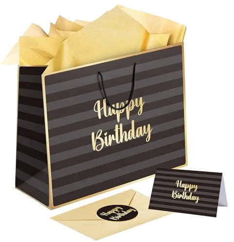Sumerk Große Geschenktüte zum Geburtstag mit Seidenpapier und Grußkarte, Umschlag und Aufklebern – Besondere Geschenkverpackungstüte zum Geburtstag mit transparentem Fenster und Kartenhalter