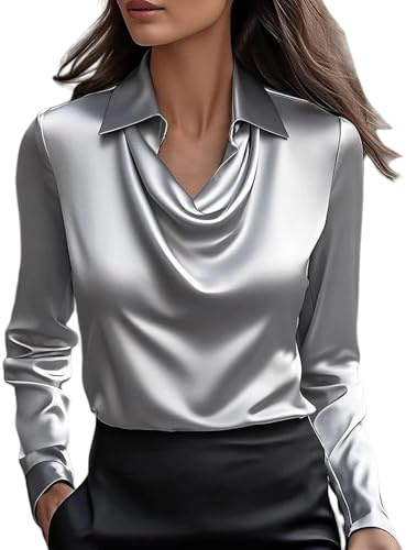 Camisa de satén para mujer, elegante, cuello vuelto, manga larga, lisa, para negocios, casual, oficina, trabajo, A01