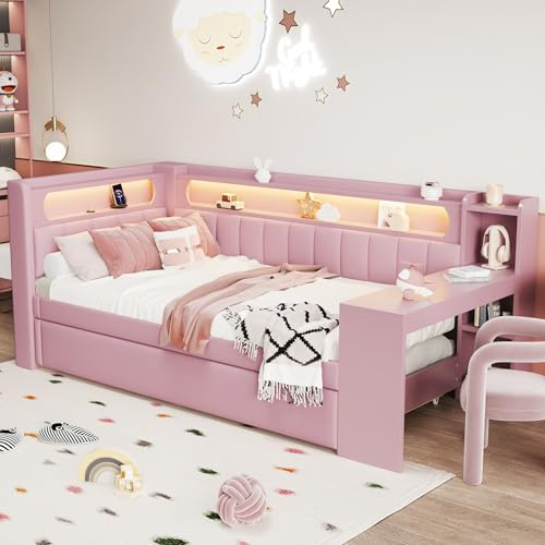 KecDuey Letto imbottito 90 x 200 cm, con porte USB e cintura a LED, con cassetti e scrivania, letto per ragazzi, letto in legno