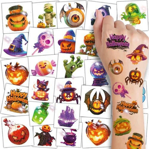 CHARLENT Tatouages Temporaires 3d Pailletés pour Enfants pour Halloween - 74 Feuilles Individuelles | Imperméables et Faciles à Décoller | Parfaits pour Les Fêtes D'Halloween des Enfants