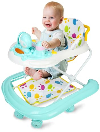 Lauflernhilfe 3 in 1 mit 3 Höhen verstellbar, skalierbarer Baby Walker, abnehmbarer Sitz und Tablett, Aktivitätszentrum für 6+ Monate, 62 x 68 x 36-81 cm/grün