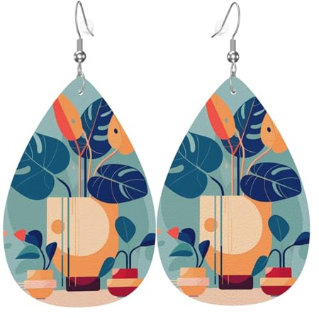 Leather Teardrop Earrings for Women, Blue Orange Monstera Print Lightweight Drop Earrings Jewelry Accessories
