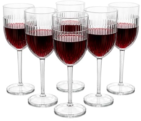 UHL Acrylic Wine Glasses Set of 6 Reusable Clear Plastic Wine Glasses with Stem, 350ml Unbreakable Drinking Cups Tumbler for Outdoor Indoor Party Picnic Cocktail Champagne Juice Water, Ribbed Design