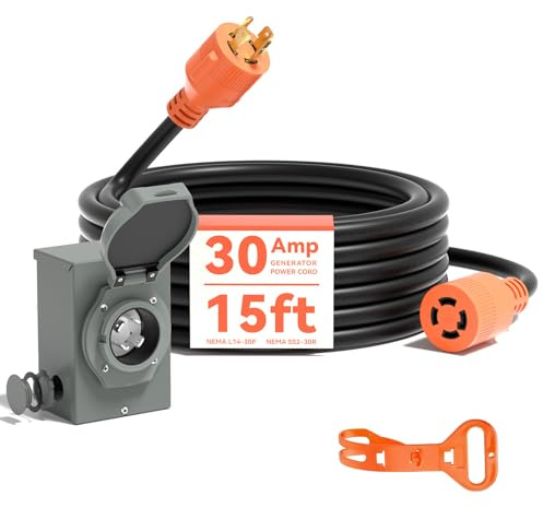 AAIN 30 Amp Generator Cord 15FT and Power Inlet Box, Pre-Drilled 30 Amp Generator Inlet Box with Cord, NEMA L14-30P to L14-30R Waterproof Cable Combo Kit, 125/250V, ETL Listed