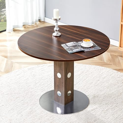 Tavolo da pranzo rotondo moderno con piedistallo quadrato in legno e dettagli a specchio, venatura del legno di noce e base in metallo, diametro 100 cm, posti a sedere per 2-4 persone, ideale per cuci