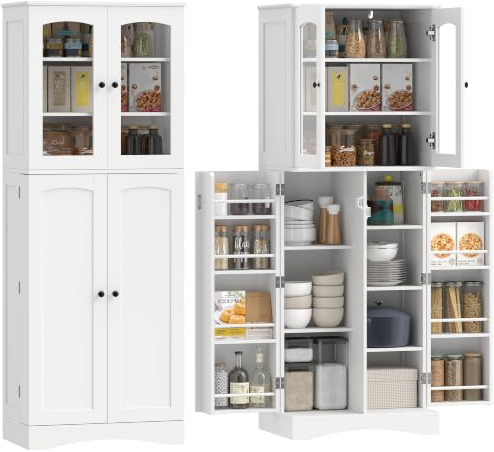 HOMCOM Buffet Haut Cuisine 162cm Vaisselier Vitrine 4 Portes Blanc | Armoire Cuisine, Acrylique, Fermeture Douce, 10 Compartiments, 8 Porte-Racks, Étagères Réglables, Salle à Manger, Salon