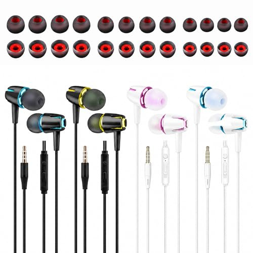 4 Pairs In-Ear Wired Noise Cancelling Headphones for iPad Smartphone Laptop | with Microphone and Volume Control, Noise Isolating, Deep Bass Earbuds with 12 Pairs Replacement Earplugs