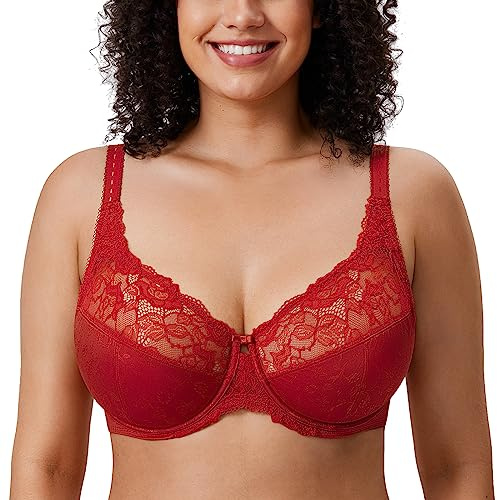 Delimira Women's Beauty Lace Non Padded Minimiser Full Figure Underwire Bra Dark Red 42DD