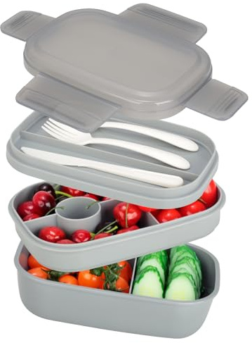 VINATO Lunch Box 1900ml Boite Repas Adulte & Enfant, Bento Box 3 Étages Avec Couverts, Compartimentée et Hermétique, Idéale pour Bureau, École ou Voyage, Sans BPA, Gris