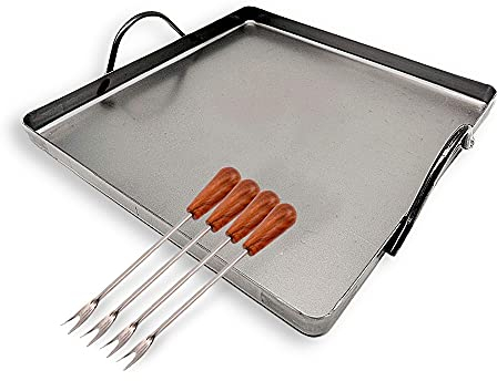 DOJA Barcelona | Llauna Caracoles de Hierro + Pinchos para Caracoles | Plancha Hierro Rectangular 22x22 + 4 Palillos Metálicos Reutilizables | Llauna Cargols y Mini Tenedores | Llauna Pequeña