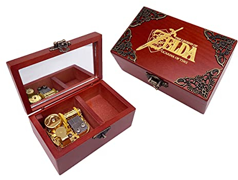 Zelda Jewelry - Caja de música con espejo, caja musical de madera tallada, caja de regalo (melodía: canción de tormentas de Ocarina of Time, movimiento dorado)