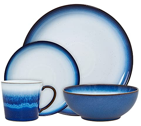 Denby - Blue Haze Dinner Set For 1 - 4 Piece Ceramic Tableware Set - Dishwasher Microwave Safe Crockery Set - 1 x Dinner Plate, 1 x Small Plate, 1 x Cereal Bowl, 1 x Mug