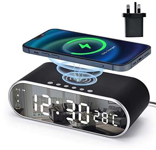 U-picks Alarm Clock with Qi wireless charging,max 15W fast charging,Bedside Digital Desk Clock with Adapter/Snooze/Dual Alarm/Temperature/4 Brightness, Digital Alarm Clocks for Office,Bedrooms-Black