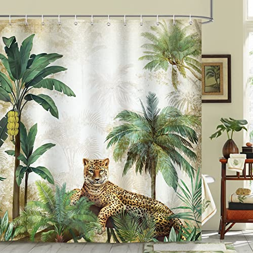 Bonhause Duschvorhang Leopard im Dschungel Tropische Palme Duschvorhänge 180 x 180 cm Anti-Schimmel Wasserdicht Polyester Stoff Waschbar Bad Vorhäng für Badzimmer mit 12 Haken