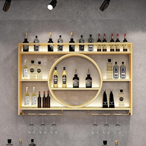 Estante de Vidrio para Copas de Vino Montado en La Paredde, Botellero De Metal Moderno Montado En La Pared,Botellero De Almacenamiento Multifuncional,Estante D(Size:140x15x80cm/55x6x31in,Color:dorado)