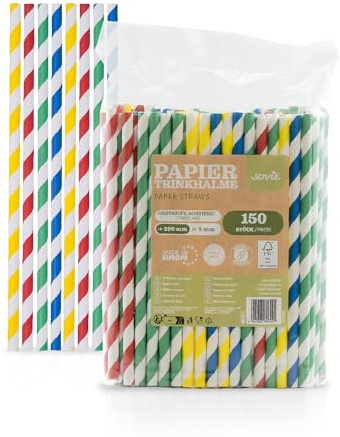 Sovie Strohhalme Papier Buntgestreift - Trinkhalme Plastikfrei - FSC-zertifiziert, Made in Europe, Biologisch Abbaubar - Ø 8mm - 20cm Länge - 150 Stück
