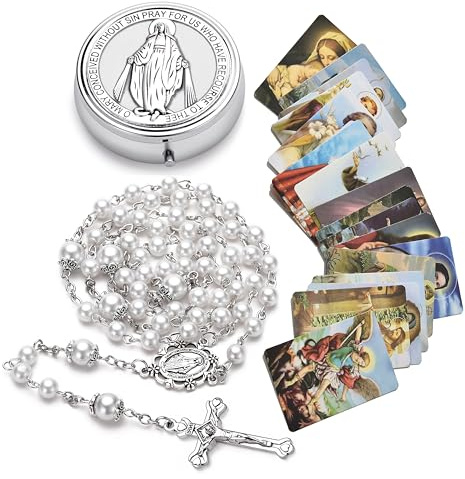 Rosary for Women with Case and 18pcs Prayer Cards, First Communion Gifts for Girls, Glass Pearl Beads and Virgin Mary Medal, Catholic Gifts-White