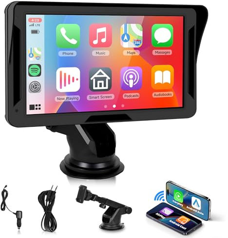 Rimoody Portable Wireless Carplay Radio with Android Auto Screen Portable Car Stereo 7 Inch Touch Screen for Cars,Bluetooth Navigation FM Transmit/EQ/AUX Airplay Android Cast