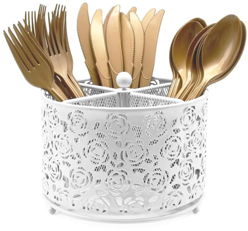 DysanVica 360° Rotating Metal Silverware Caddy - 4 Compartment Utensil Cutlery Holder Fork Spoon Napkin Organizer Flatware Storage Basket Party Countertop Buffet Picnic Camping Outdoor (White)